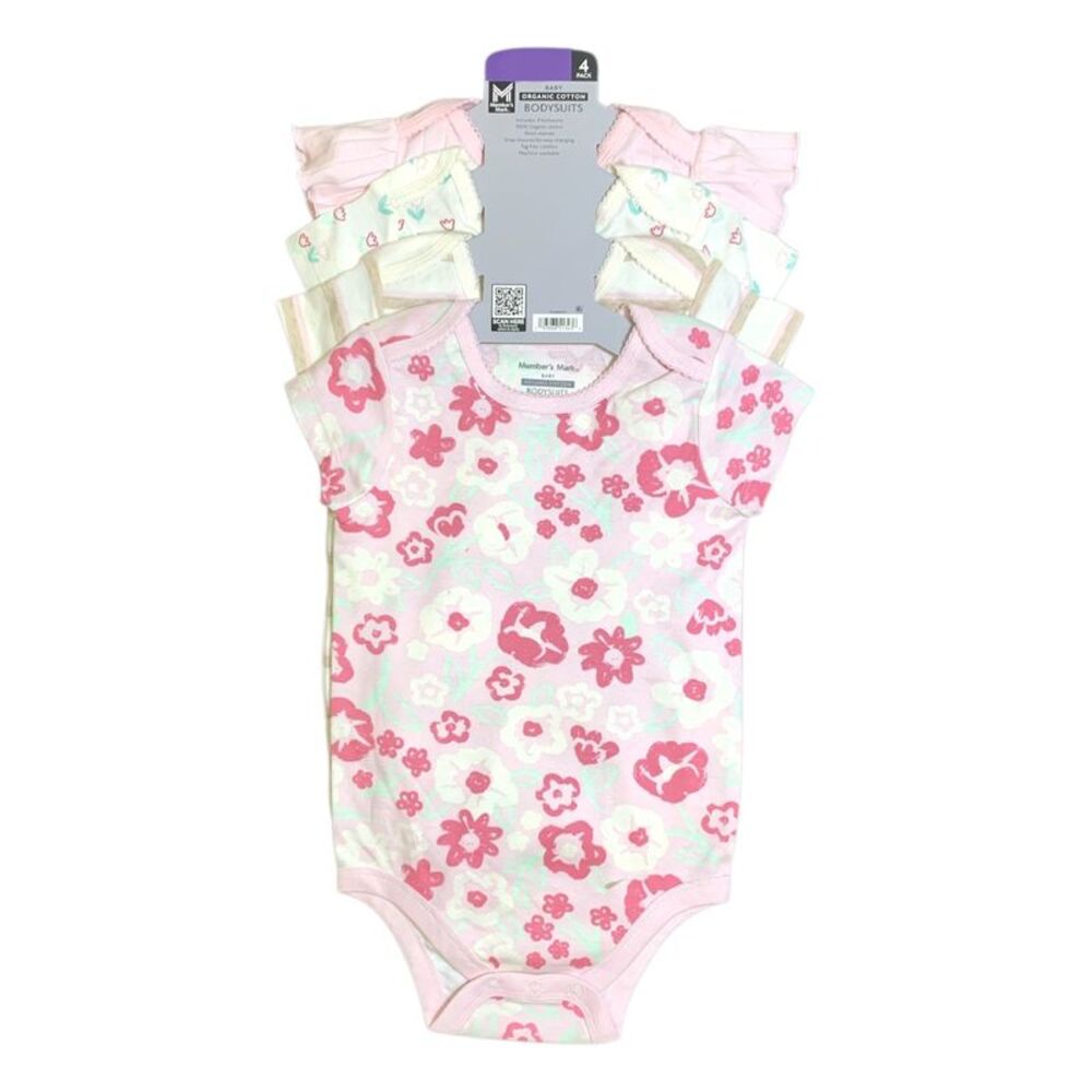 Pink - Member's Mark Baby's Organic Cotton Bodysuits, 4 Pack, Long Sleeve, Snap